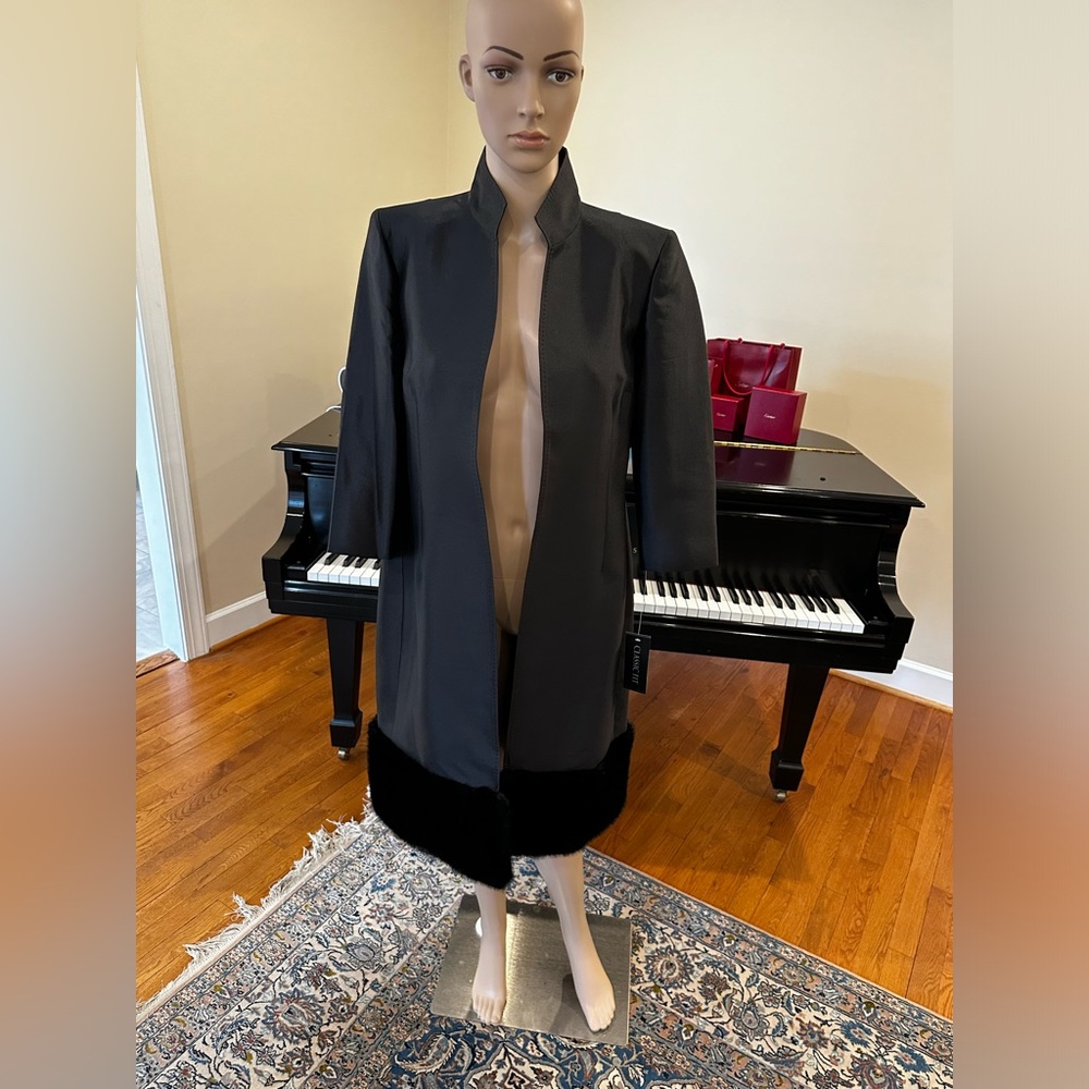 NWT Luxury Party Minimalist Vintage Albert Nipon Faux Fur Trim Coat Jeweled Belt - Picture 6 of 13